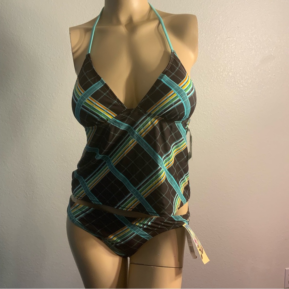 Hobie Tankini set women’s swimsuit plaid aqua brown tie side hipster halter M JR